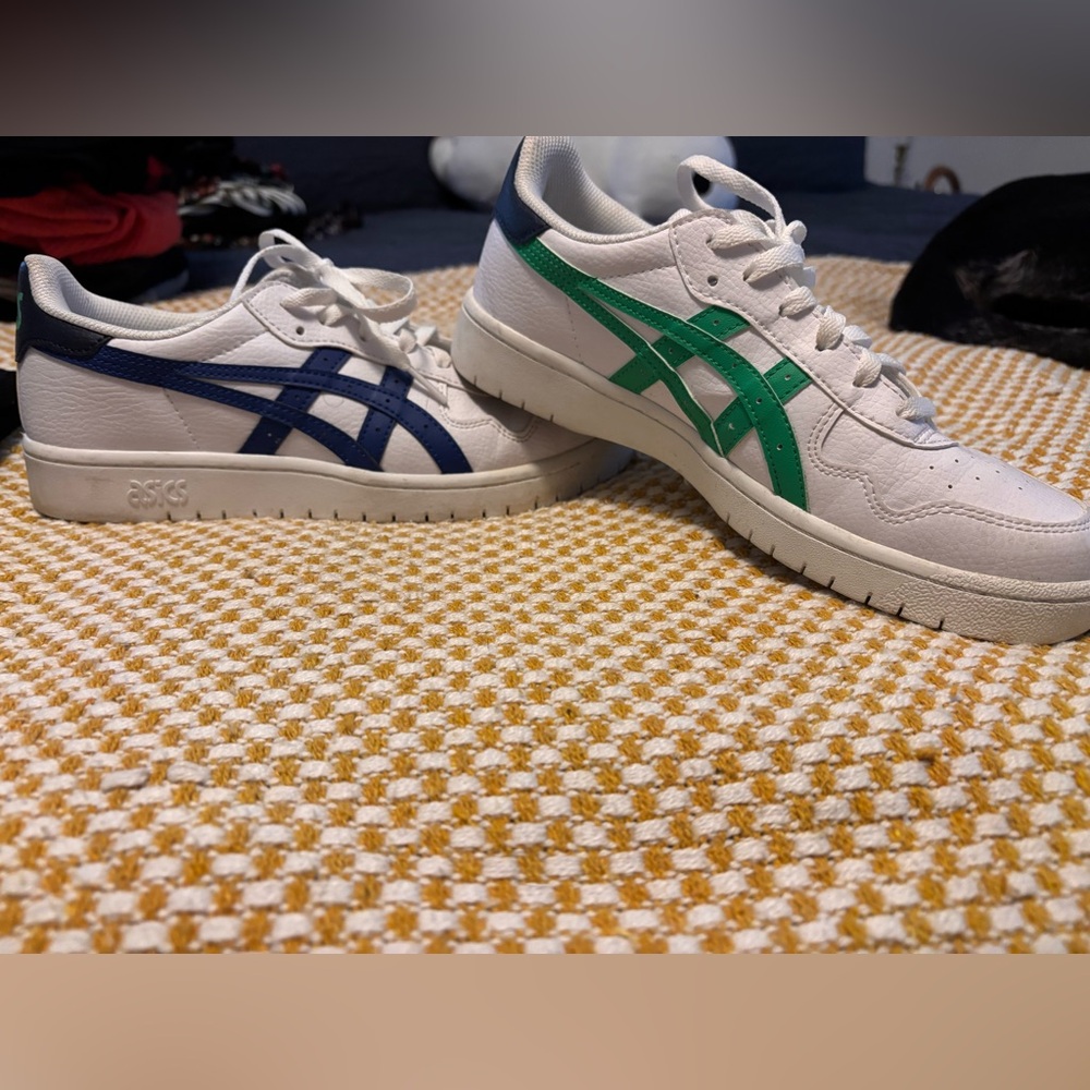 Asics Kids White Sneakers with Navy and Green Accents